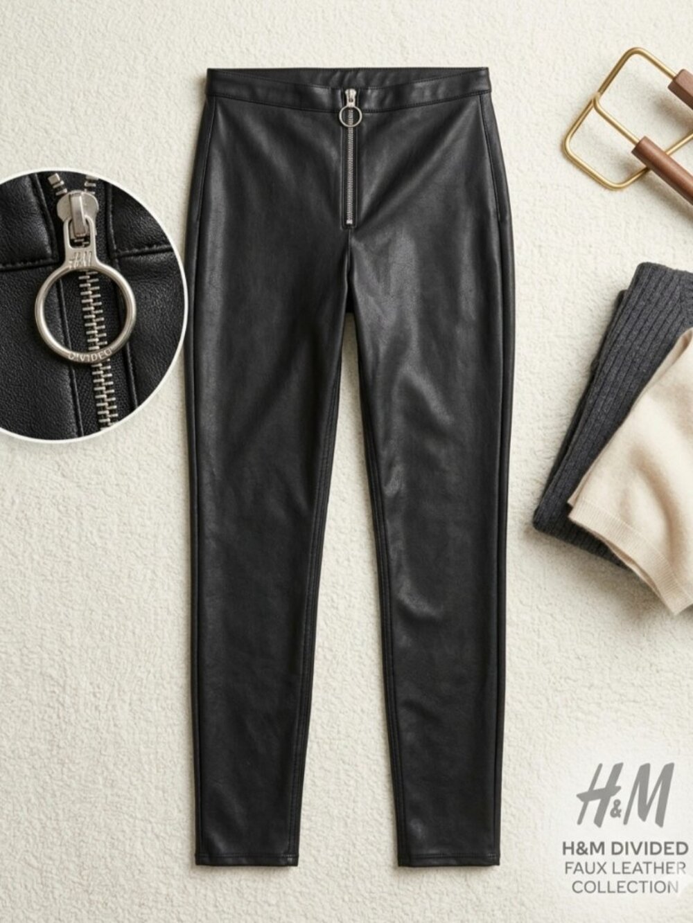 H&M Black Faux Leather Moto High-Waist Stretch Leggings Skinny Pants Front Zip 8